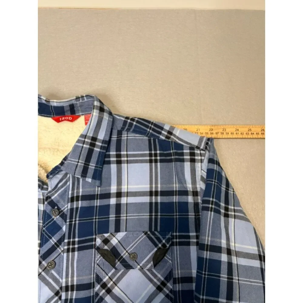 Izod Men's Sherpa Lined Blue Plaid Shacket Jacket XXL Button Chest Pockets NWOT
